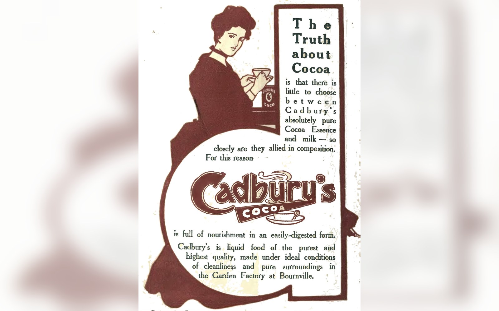 Vintage advertisement for Cadbury's Cocoa showing a woman drinking from a cup