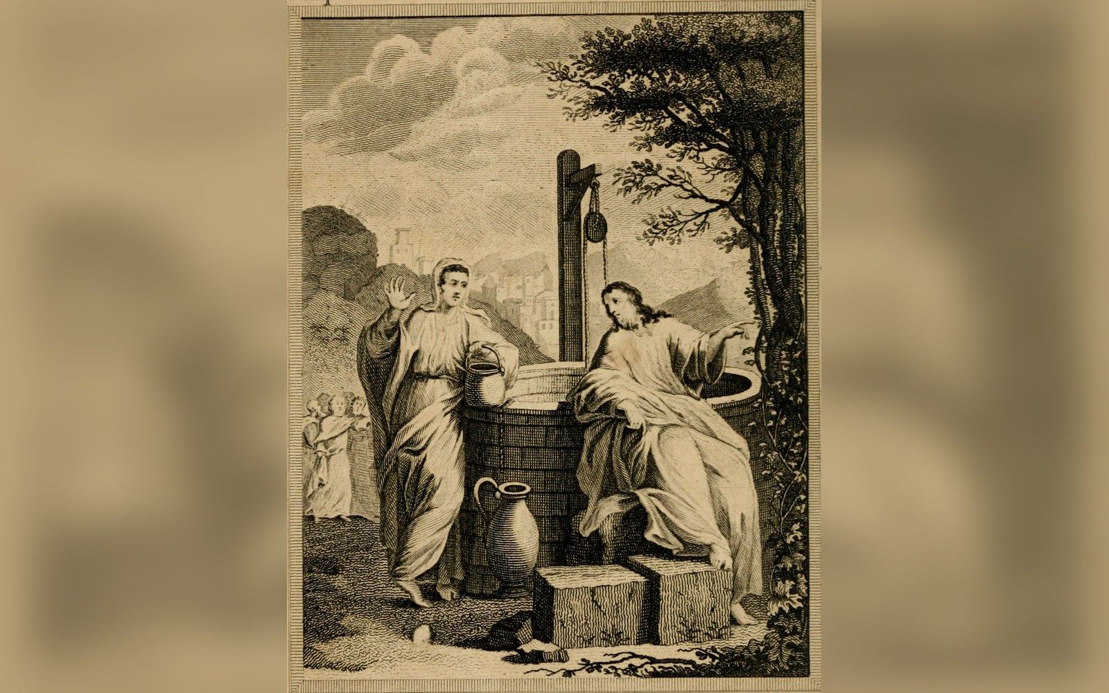 Engraving of a seated figure conversing with a woman drawing water at a well